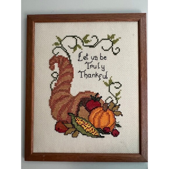 1950s Vintage Thanksgiving Harvest Cornucopia Needlepoint Art Print Piece - Picture 2 of 5